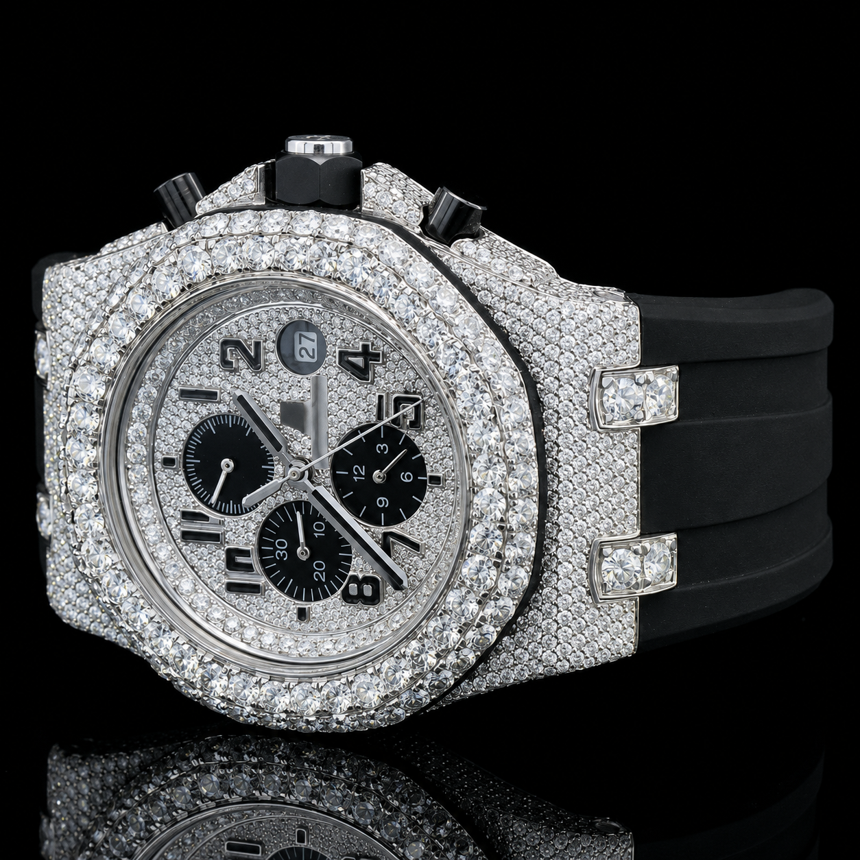 Chrono Dial Automatic Moissanite Watch With Black Rubber Strap
