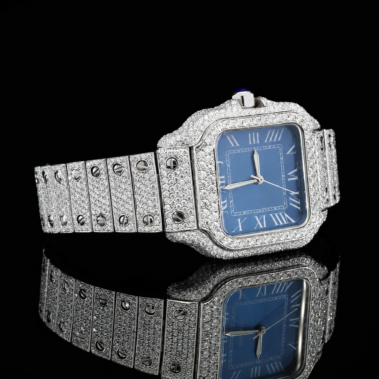 Classic Blue Dial iced out Automatic Moissanite Watch