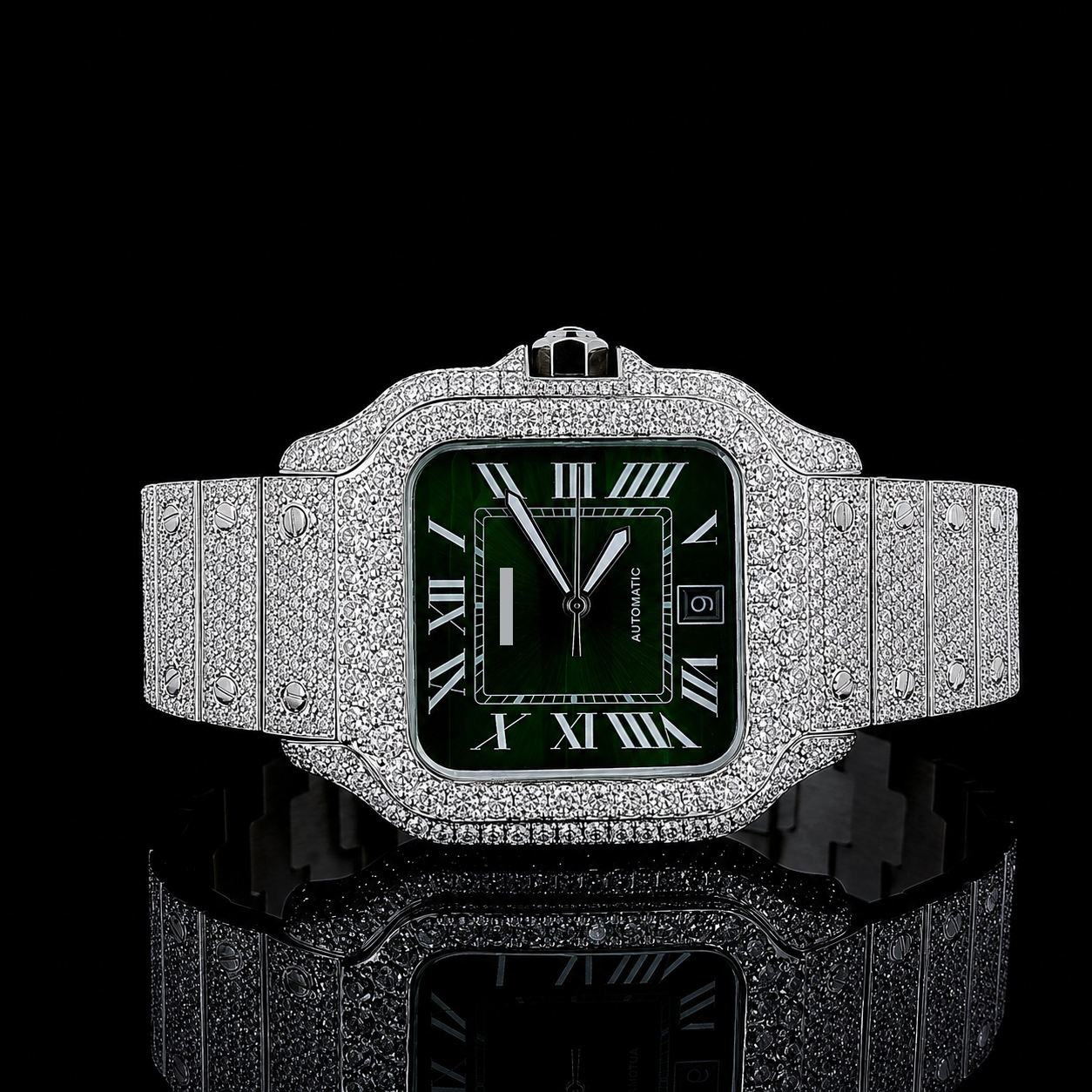 Classic Green Dial VVS Moissanite Watch with Roman Numerals