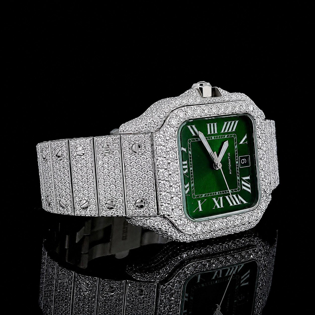 Classic Green Dial VVS Moissanite Watch with Roman Numerals