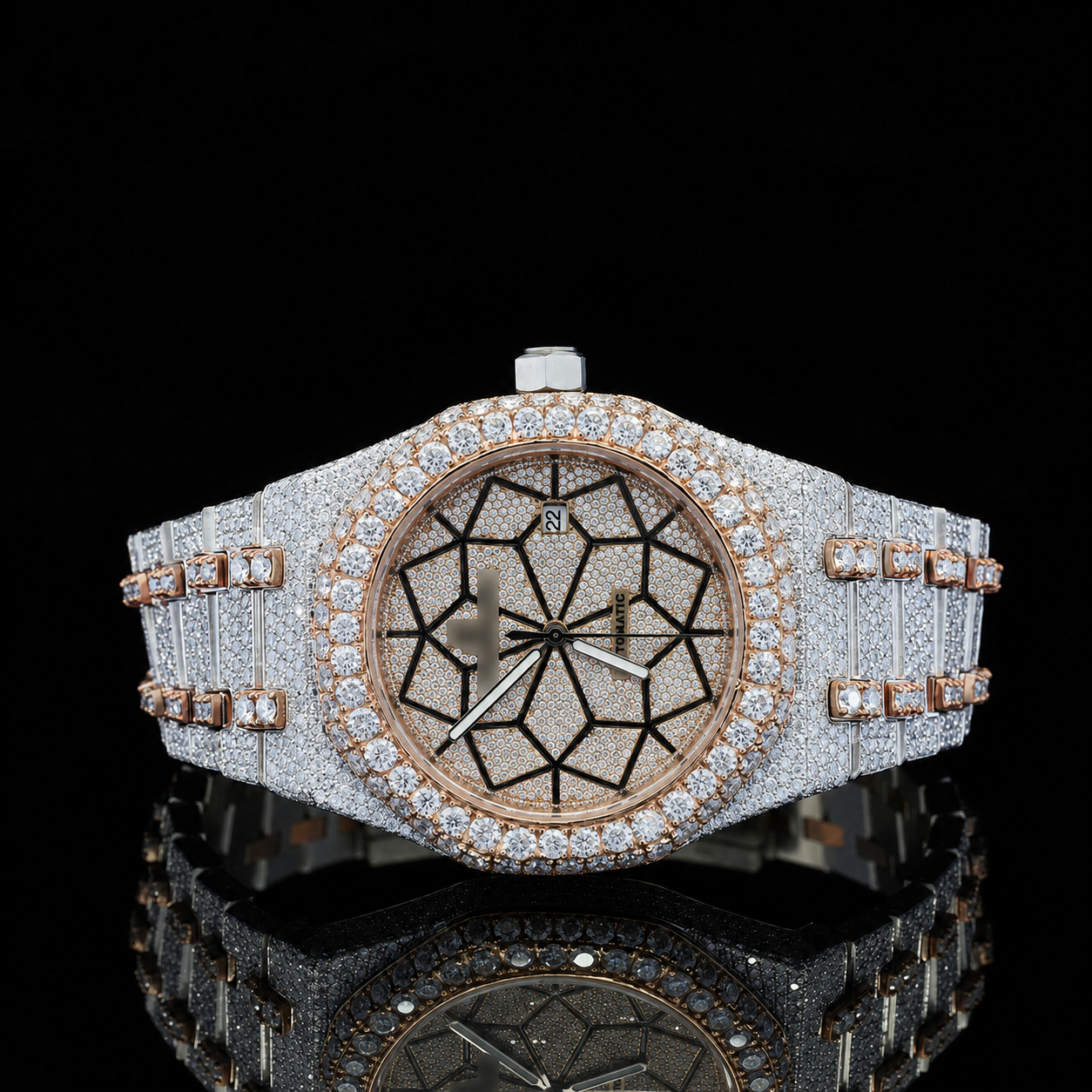 Customized Dial two tone Bust Down Automatic Moissanite Watch - Rose Gold