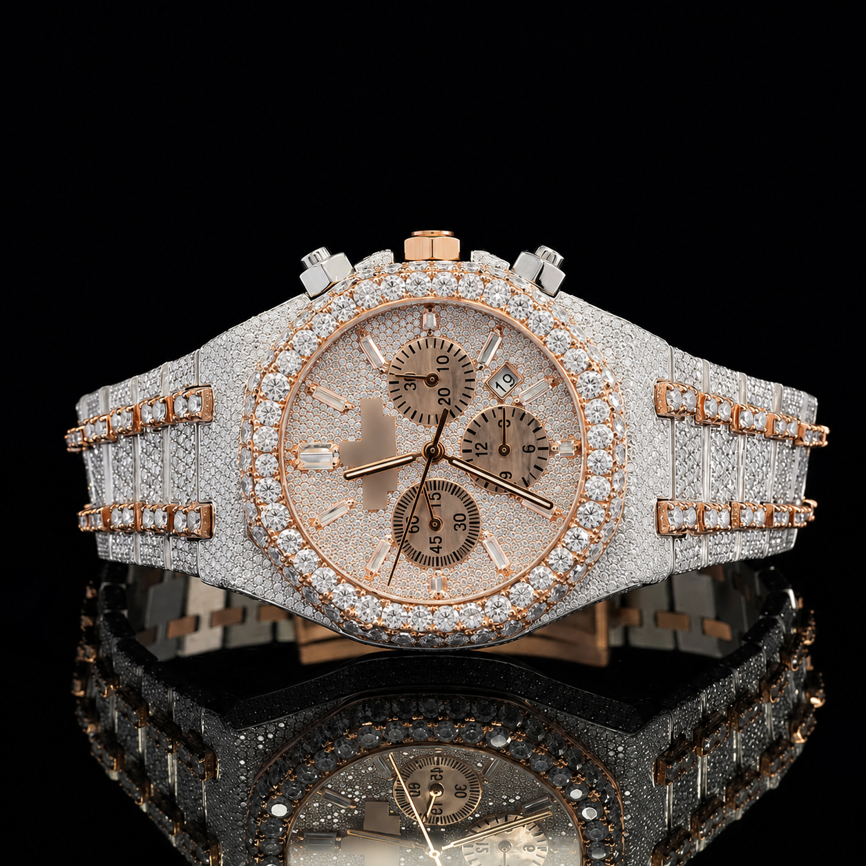 Fancy Chrono Dial Two-Tone Iced Out Moissanite Watch for men - Rose gold