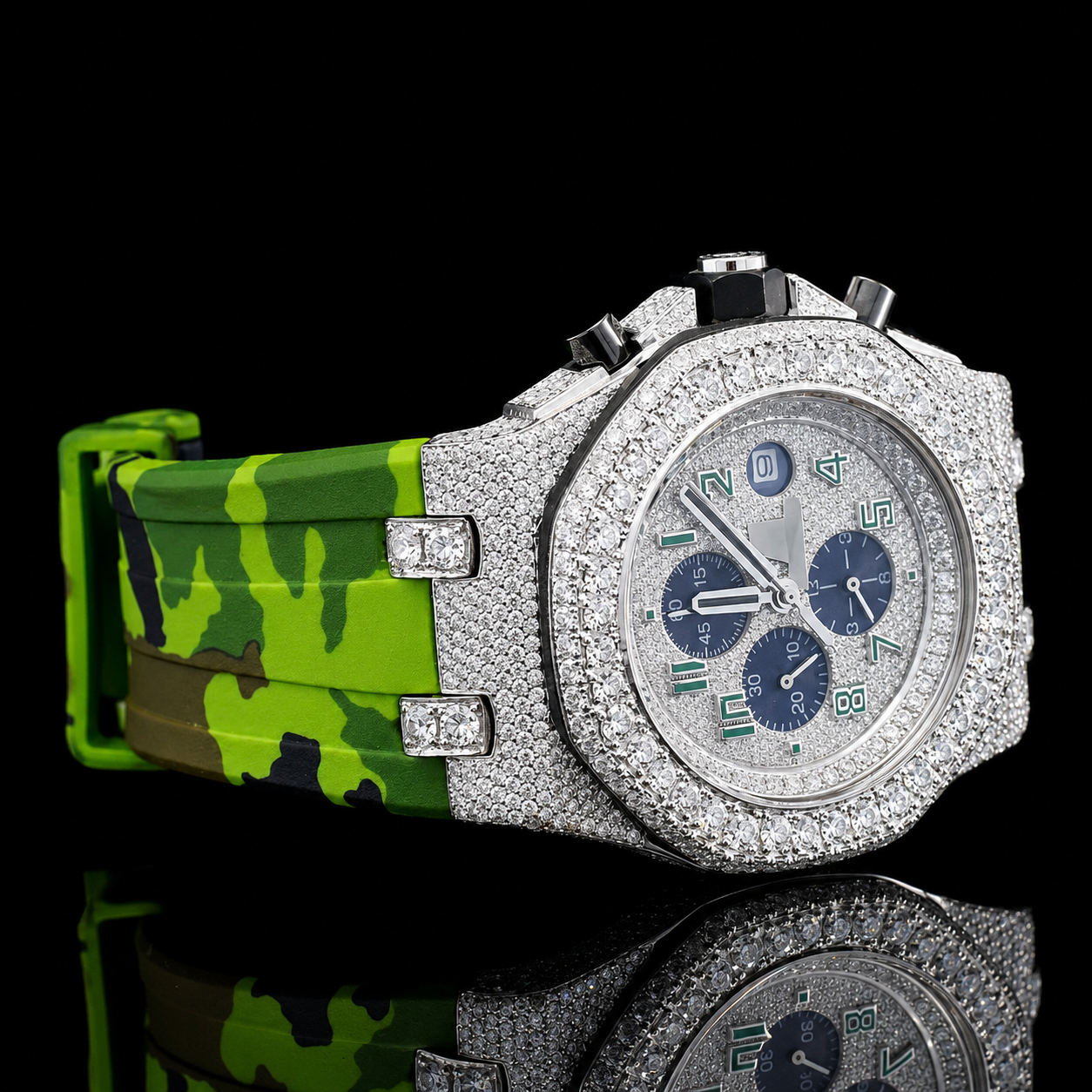 Fancy Chronograph Moissanite Iced Out Watch with Green Rubber Strap