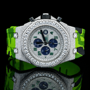 Fancy Chronograph Moissanite Iced Out Watch with Green Rubber Strap