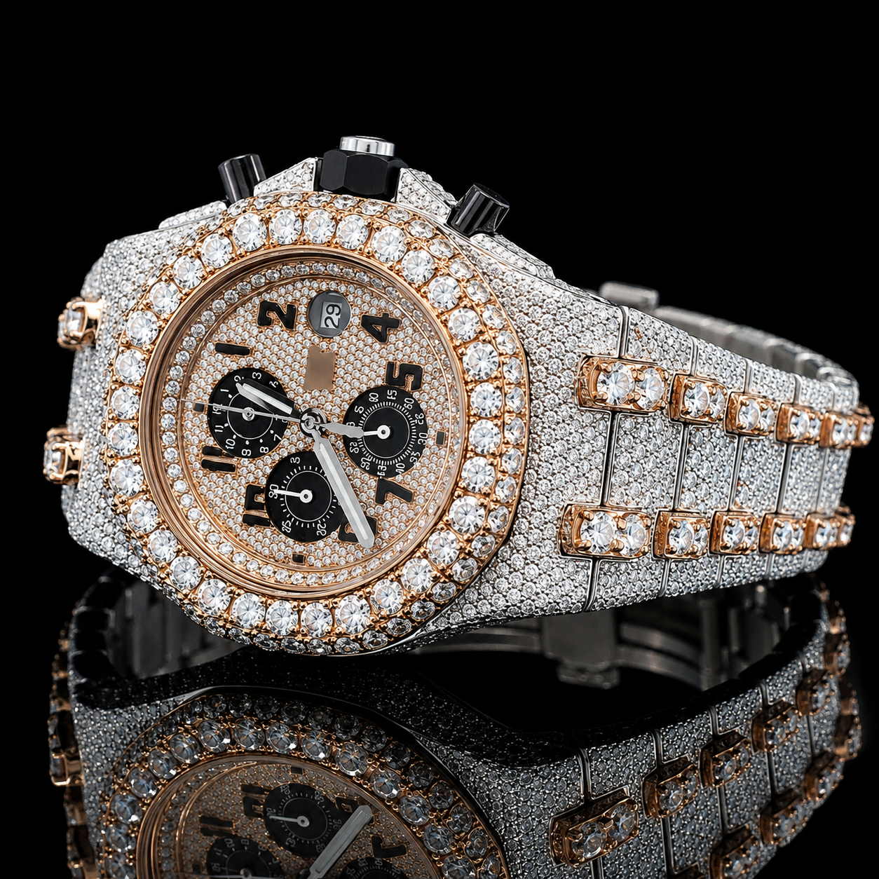 Fancy VVS Moissanite bust Down Watch Black Chronograph Dial