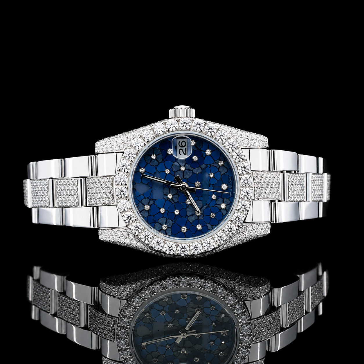 Flower Style Blue Dial Minimal Moissanite Watch