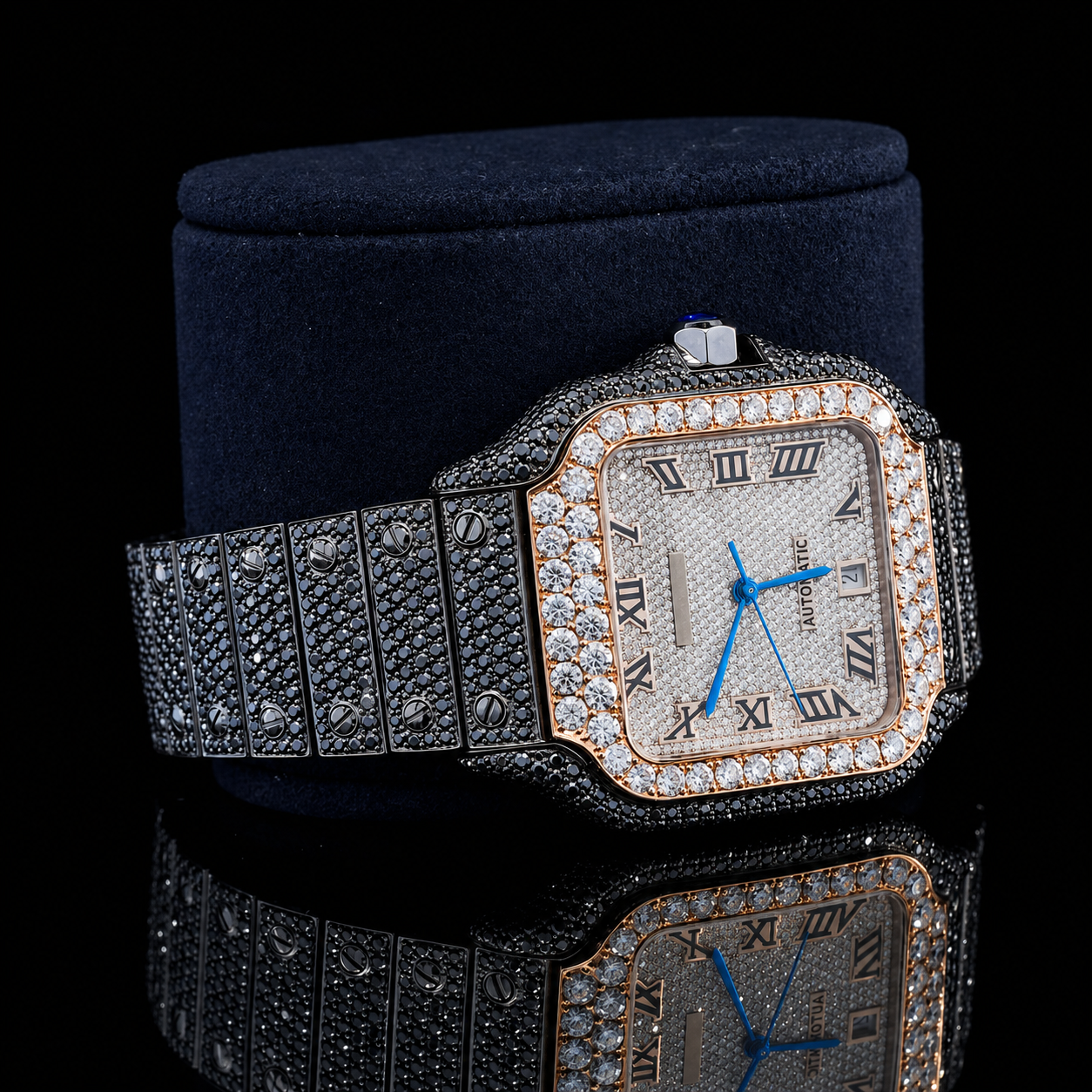 Fully Bust down Black and White Moissanite Automatic Watch