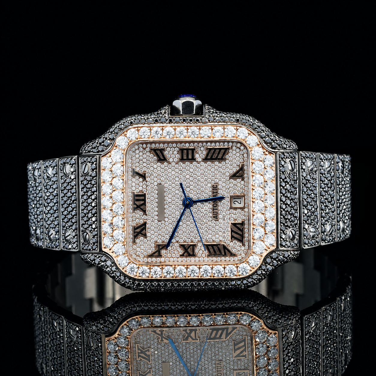 Fully Bust down Black and White Moissanite Automatic Watch - Rose gold
