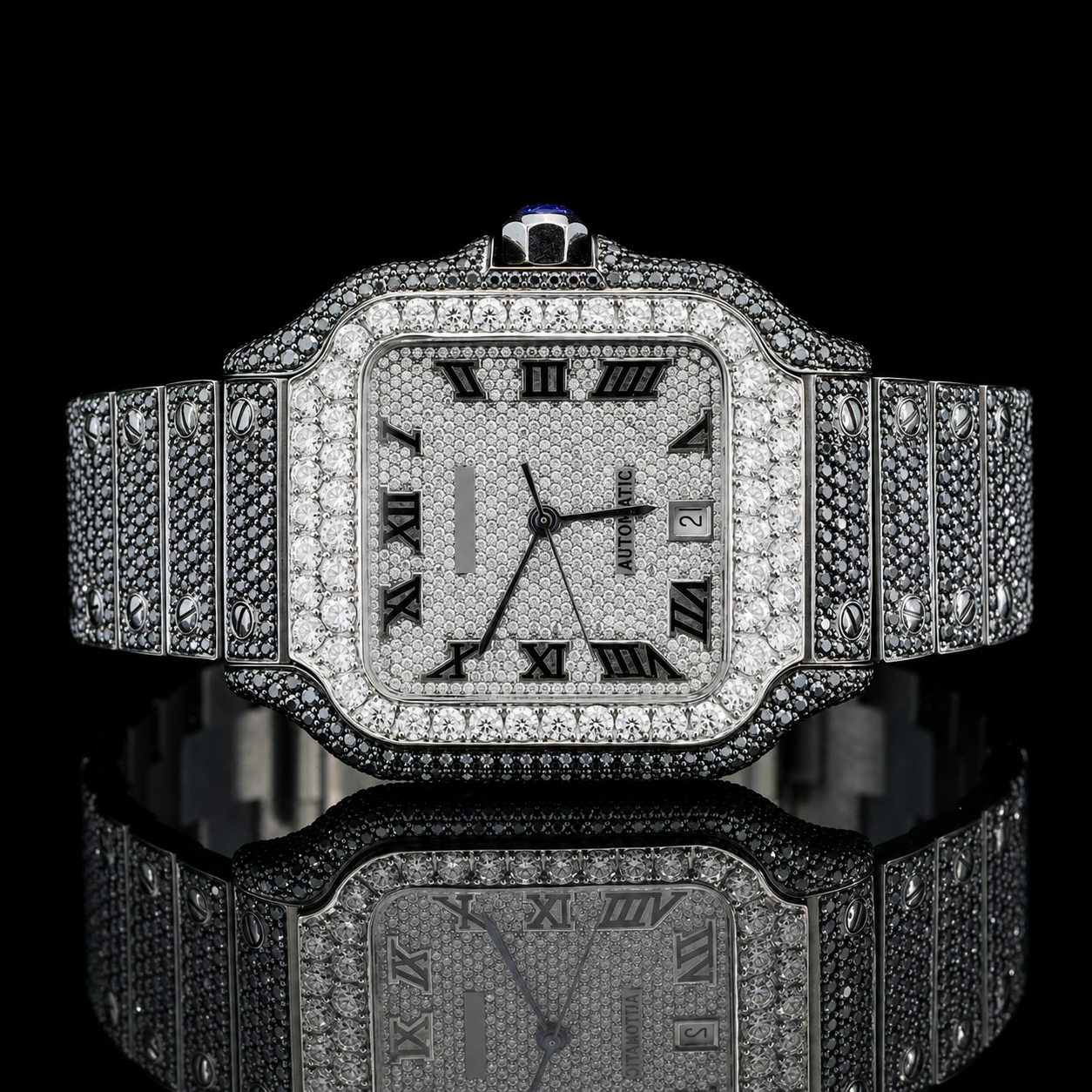 Fully Bust down Black and White Moissanite Automatic Watch - White gold