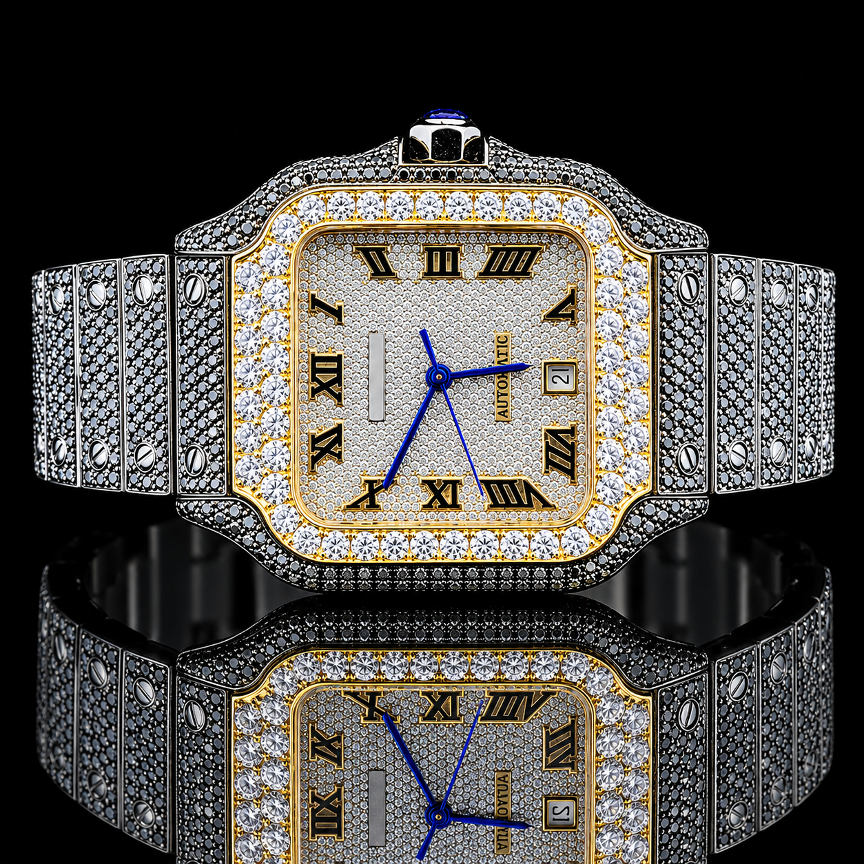 Fully Bust down Black and White Moissanite Automatic Watch - Yellow gold
