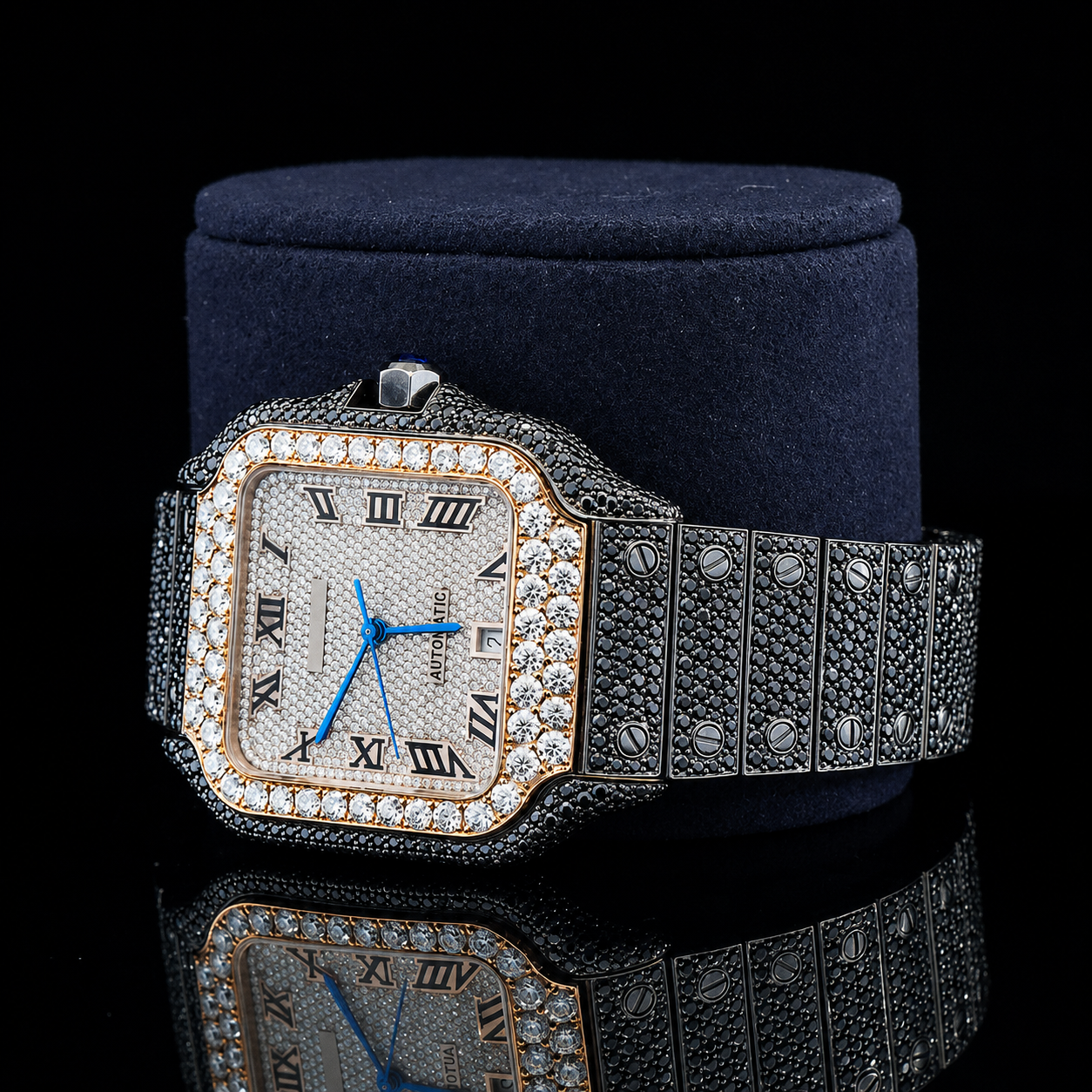 Fully Bust down Black and White Moissanite Automatic Watch