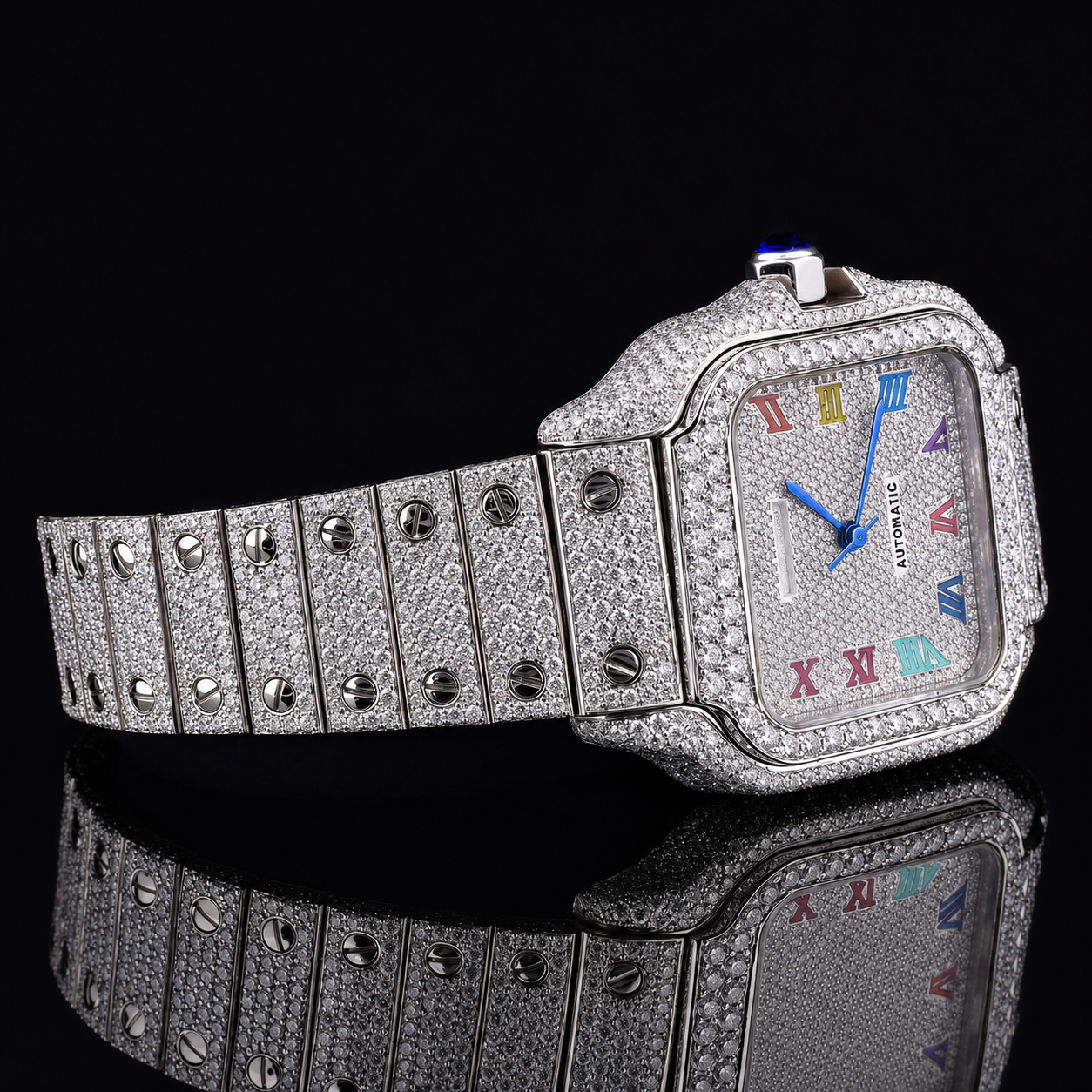 Fully Iced Moissanite Watch with Rainbow Roman Numerals