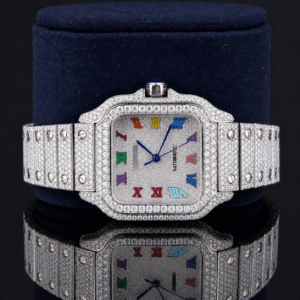 Fully Iced Moissanite Watch with Rainbow Roman Numerals