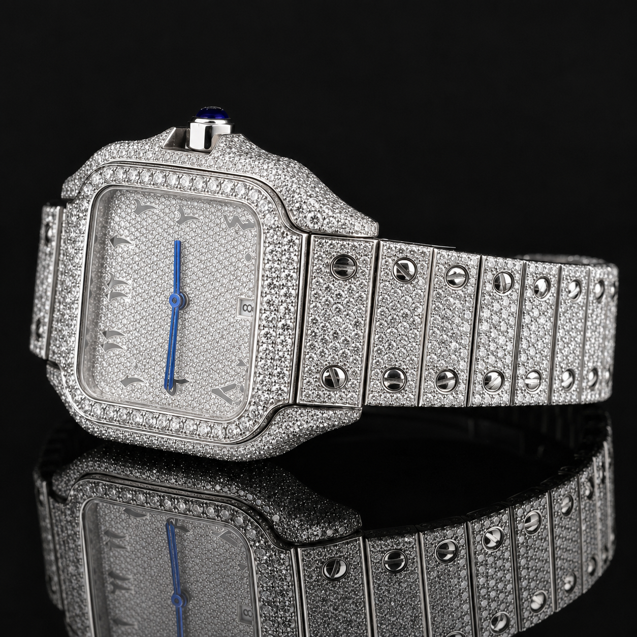 Fully Iced-out Moissanite Watch with Black Arabic Numerals