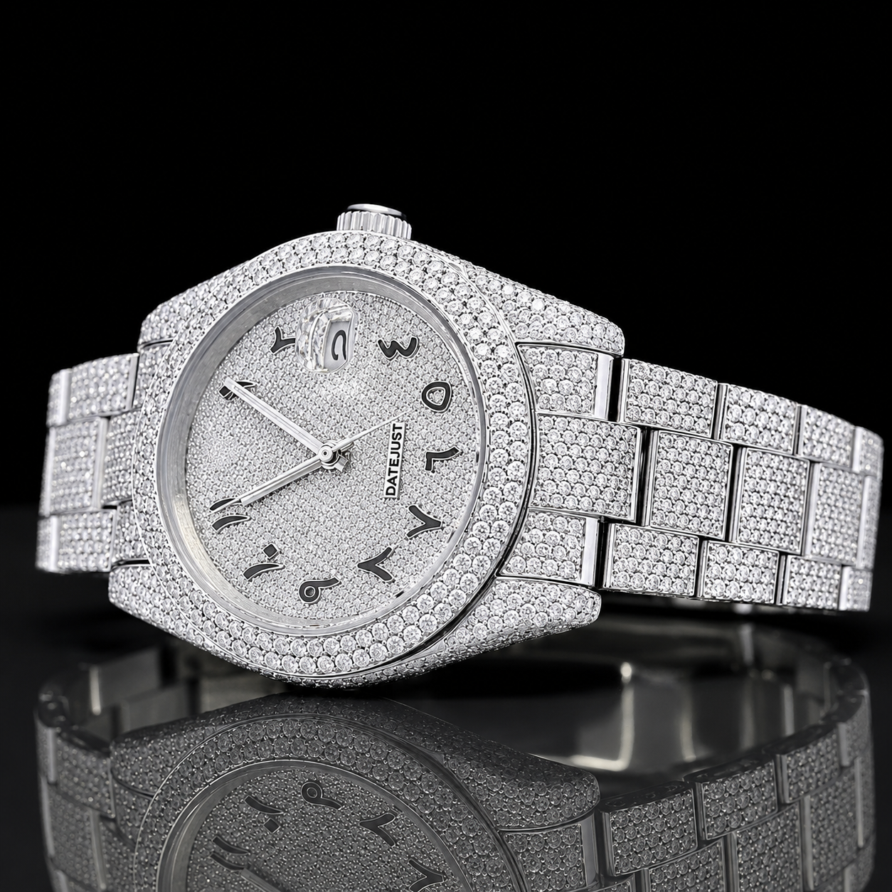 Fully iced-out Moissanite automatic watch with Black Arabic Numerals