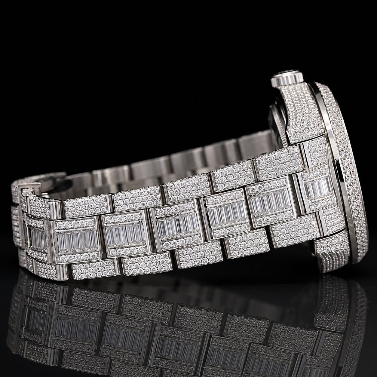 Fully iced-out moissanite watch with Baguette stick markers
