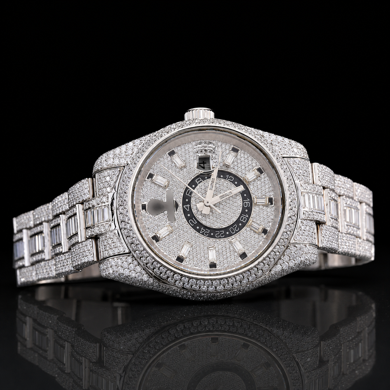 Fully iced-out moissanite watch with Baguette stick markers