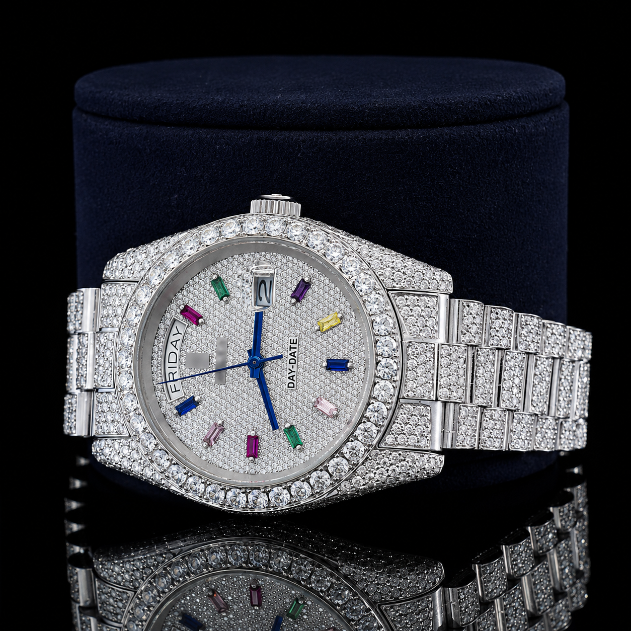 Fully iced-out moissanite watch with colorful Baguette stick markers