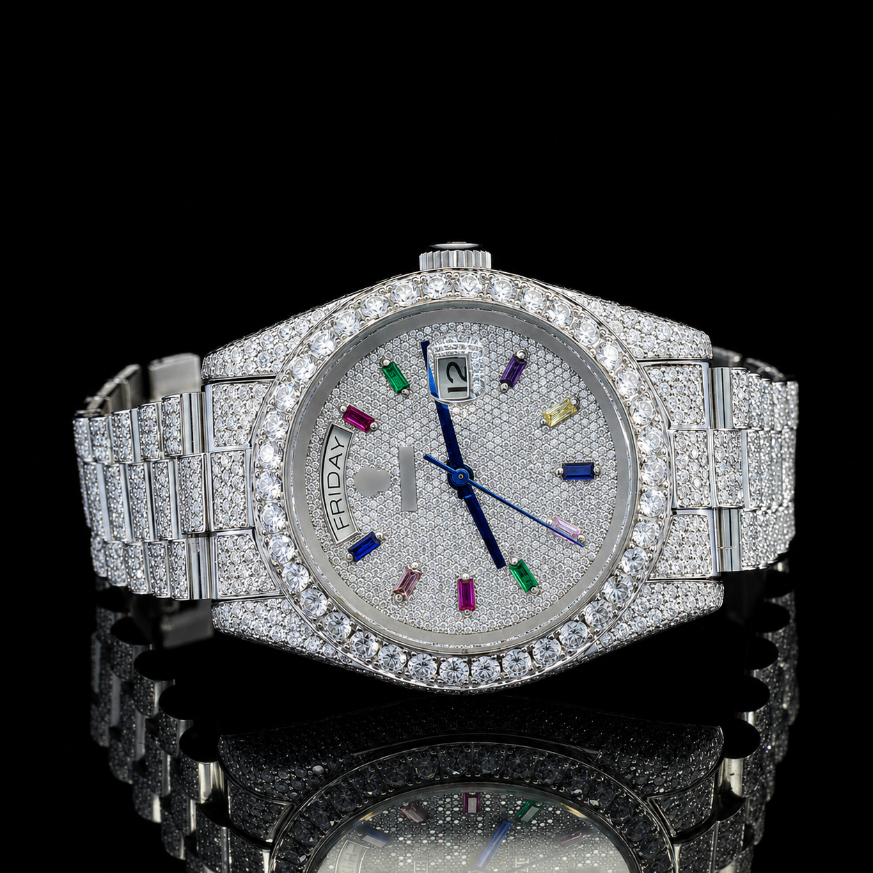 Fully iced-out moissanite watch with colorful Baguette stick markers