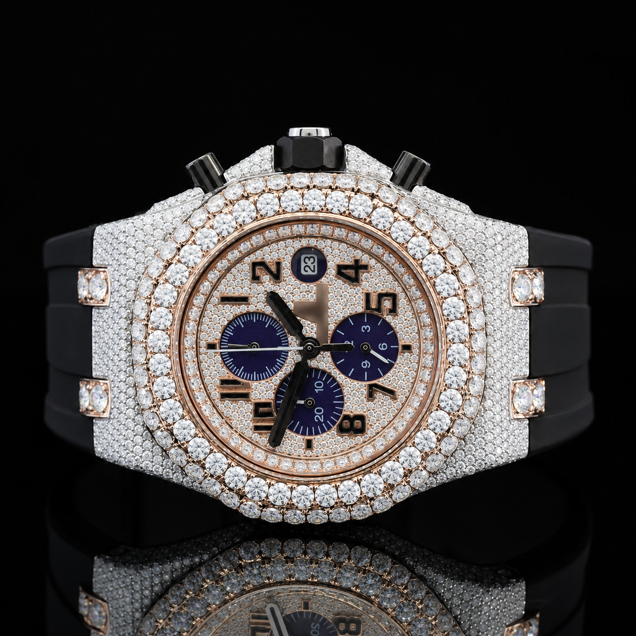 Luxurious Moissanite Dial Watch With Black Rubber Belt - Rose gold