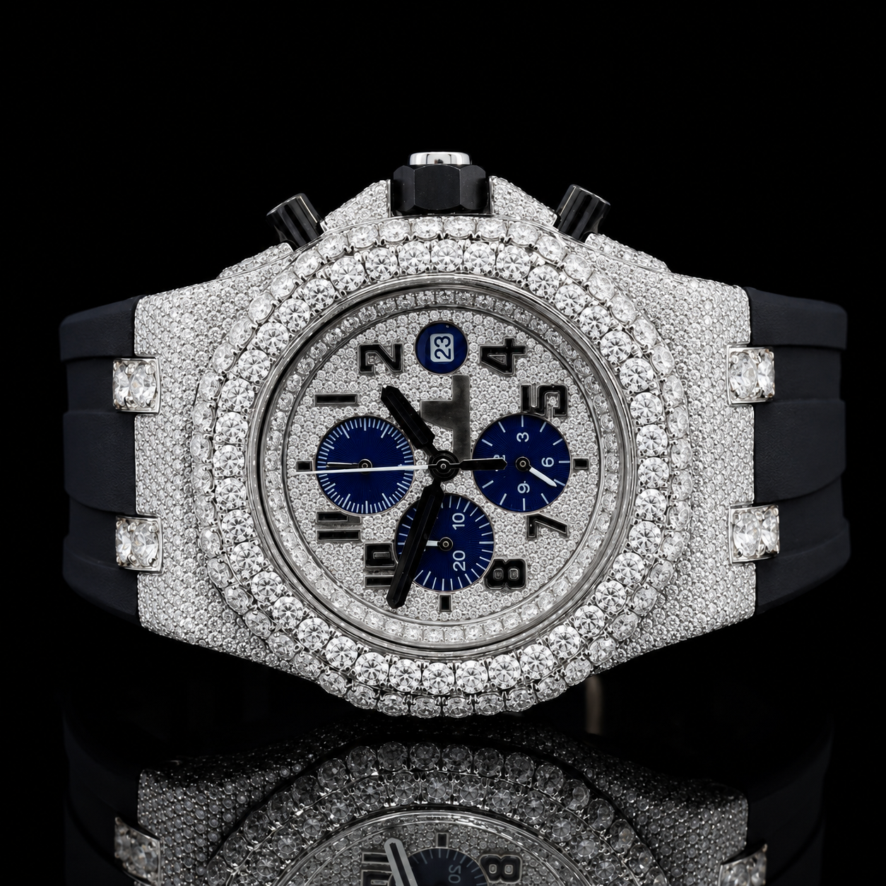 Luxurious Moissanite Dial Watch With Black Rubber Belt - white gold