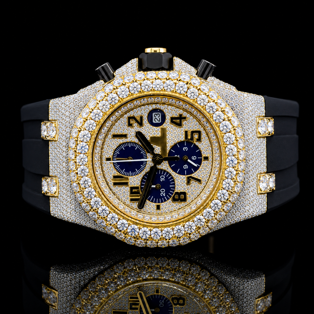 Luxurious Moissanite Dial Watch With Black Rubber Belt - yellow gold