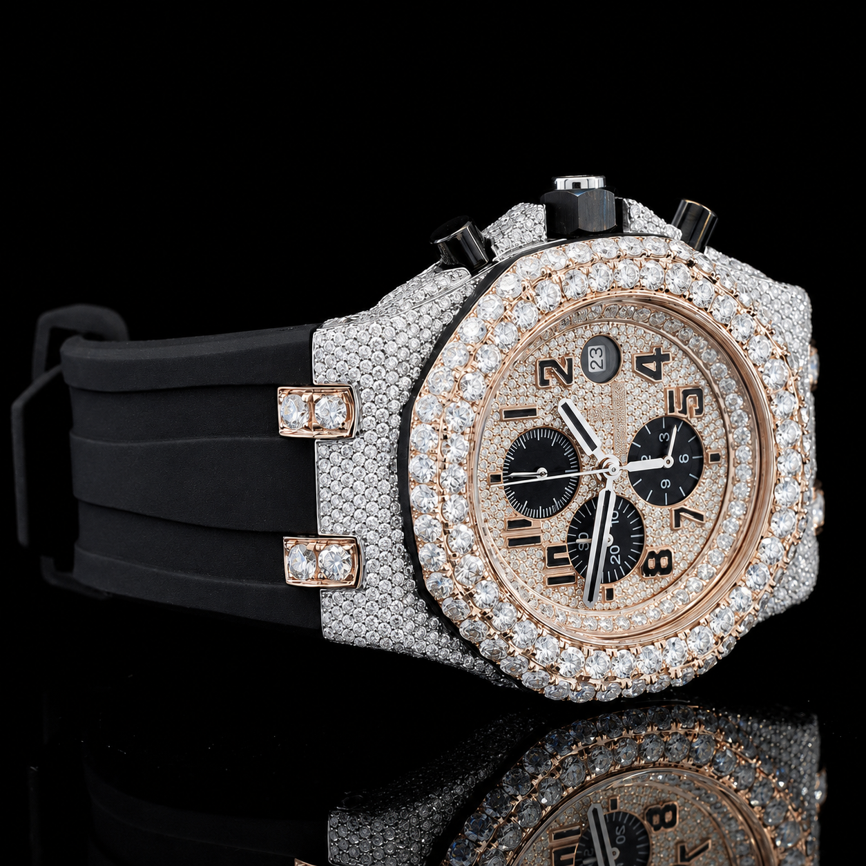 Luxurious Moissanite Dial Watch With Black Rubber Belt
