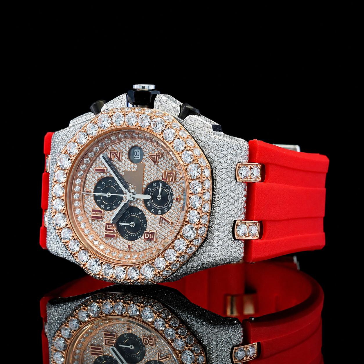 Red Rubber Strap Two-Tone Iced Out Dial Moissanite Watch