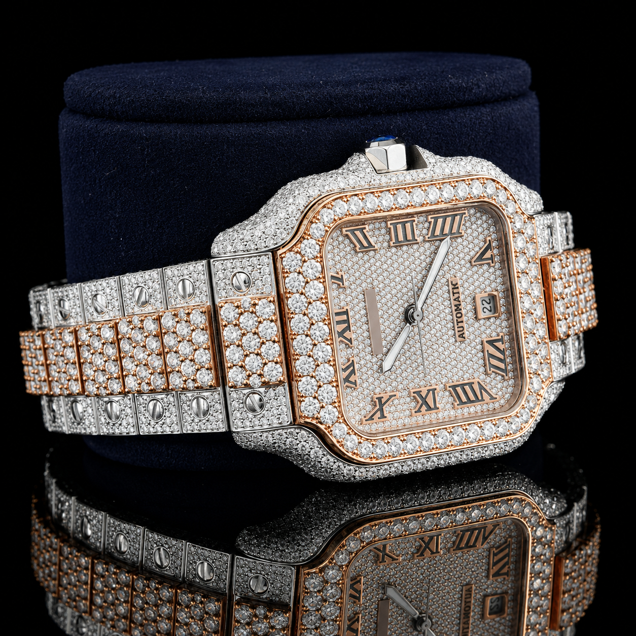 Square Dial Two-tone VVS Moissanite Watch with Roman Numerals