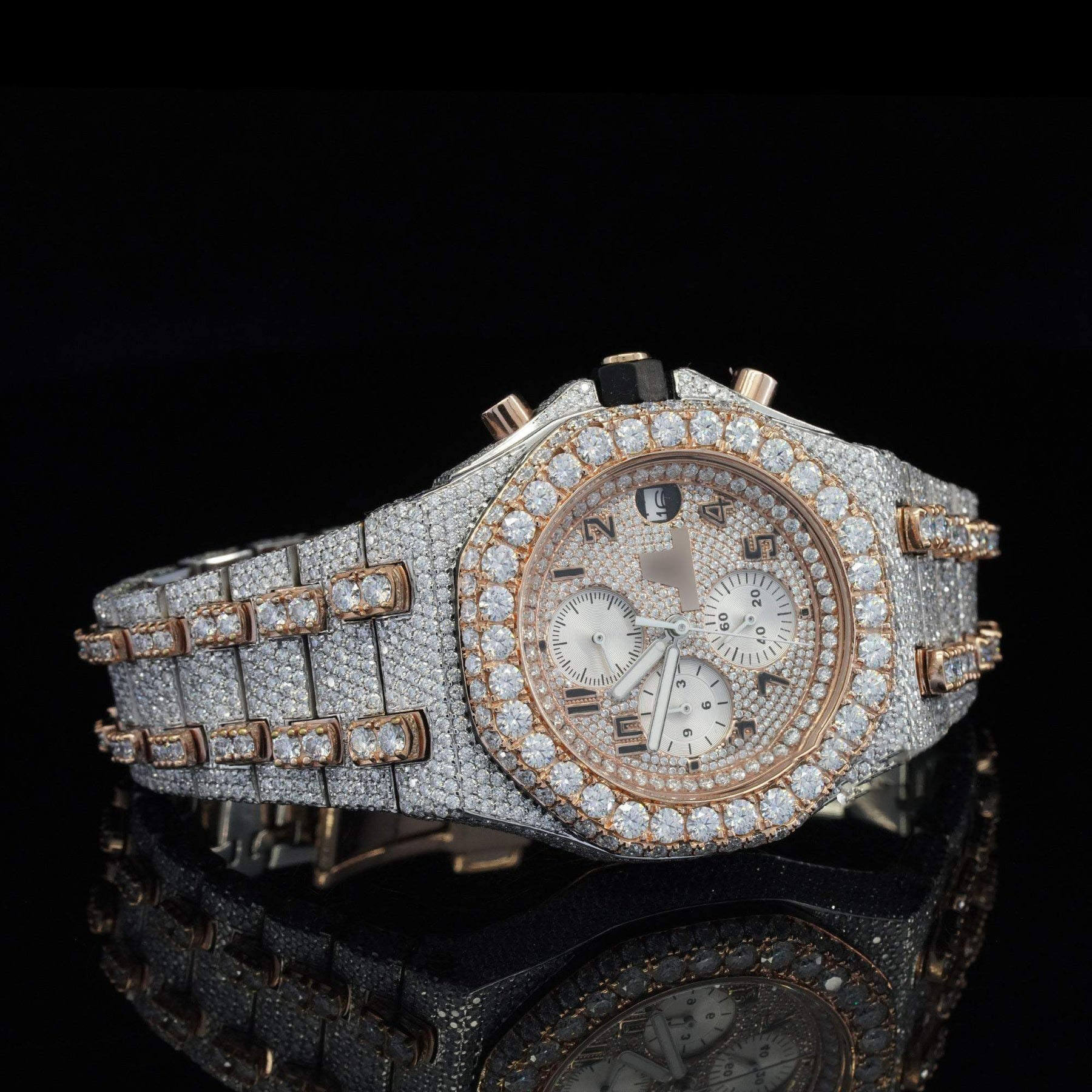 Standard Numerals Chronograph Iced Out Two-tone Moissanite Watch