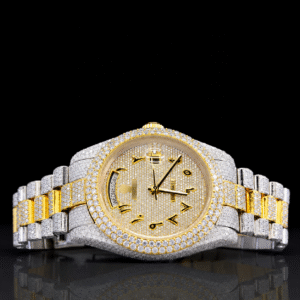Stylish Fully Iced Out Moissanite Watch with Black Arabic Numerals - Yellow gold