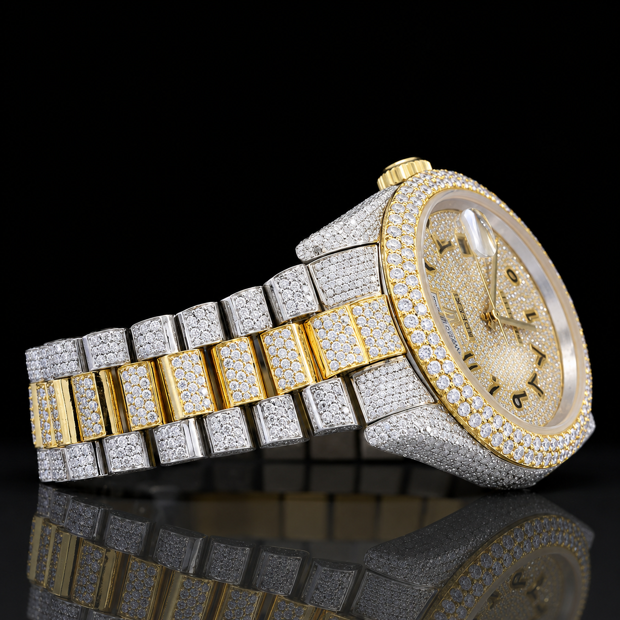 Stylish Fully Iced Out Moissanite Watch with Black Arabic Numerals