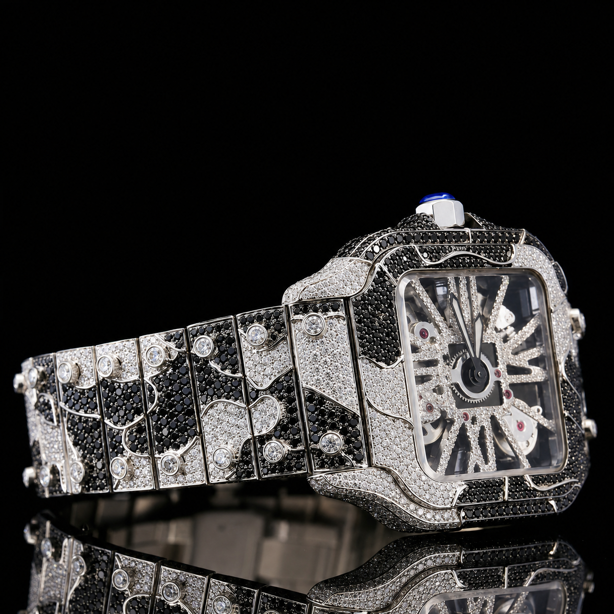 Stylish black and White Moissanite Skeleton Watch For Men