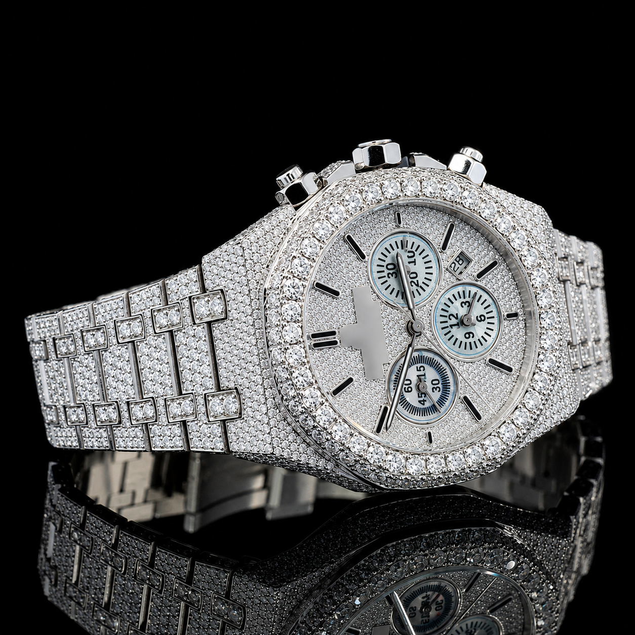 Superior Iced-out Moissanite Watch with Black Stick Markers