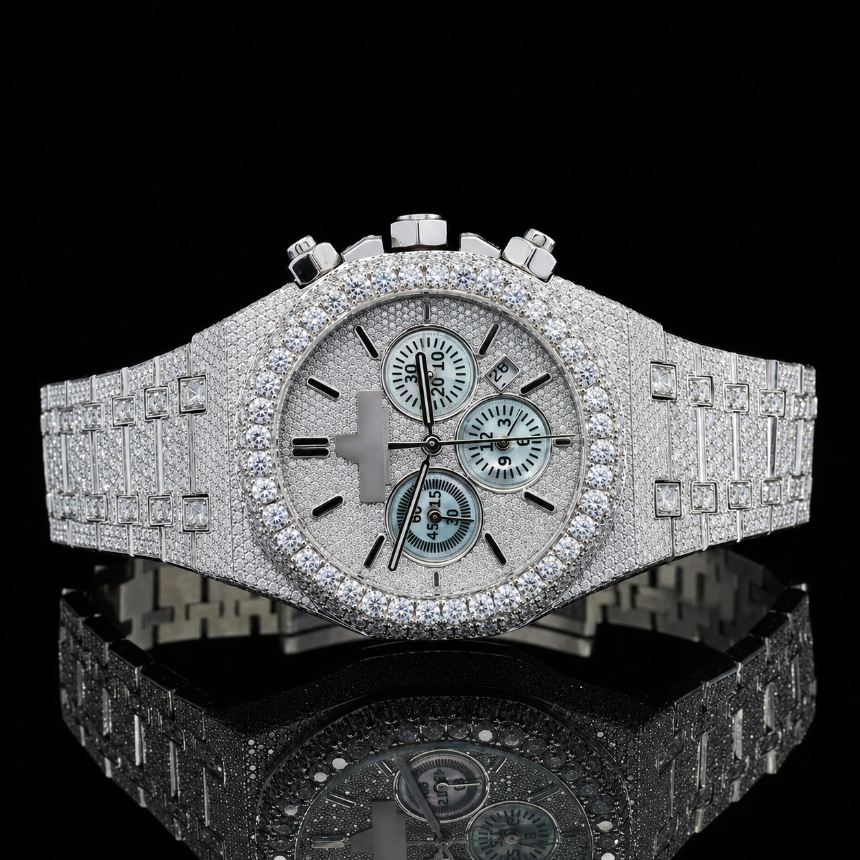 Superior Iced-out Moissanite watch with black stick markers
