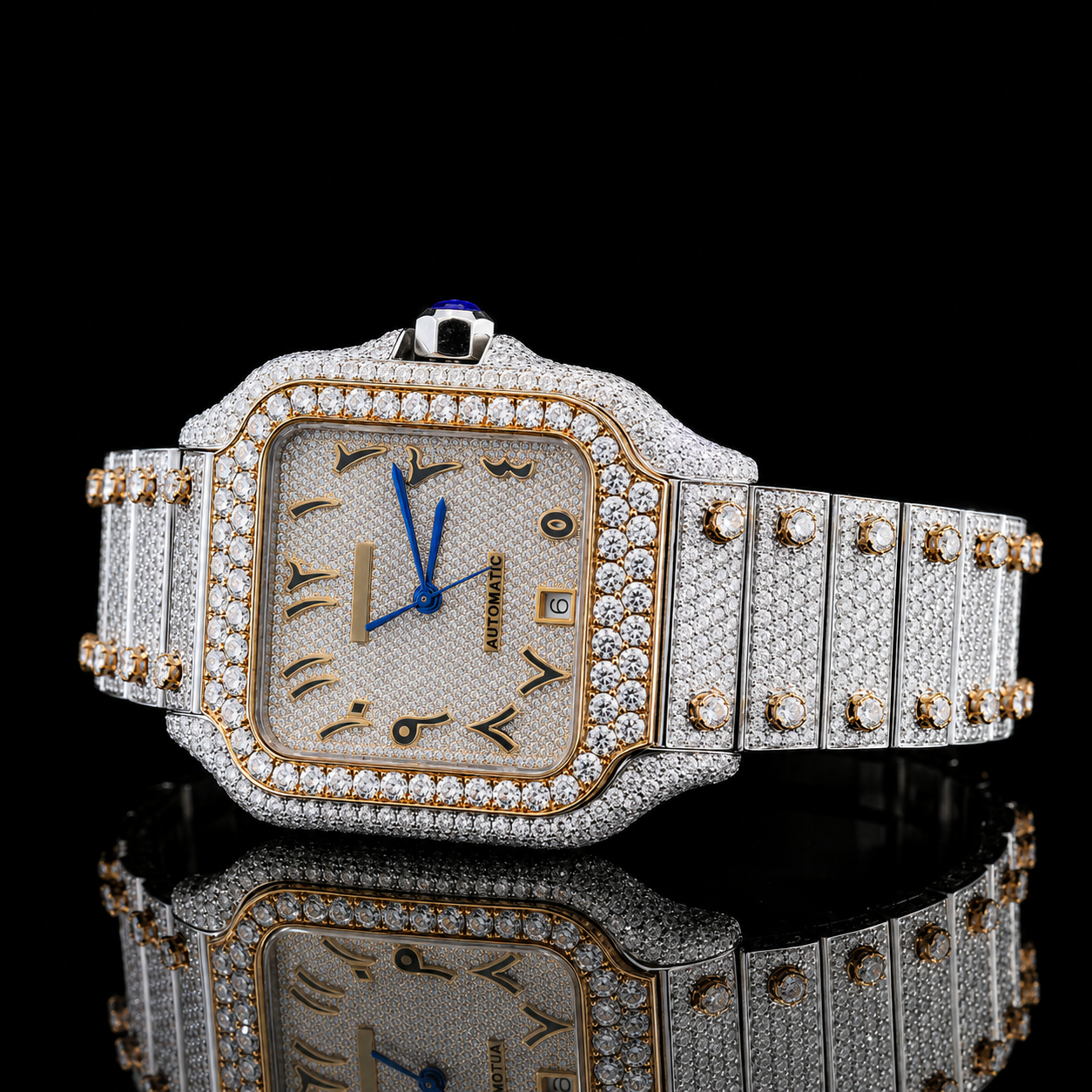Superior Two-Tone Moissanite watch with Black Arabic Numerals