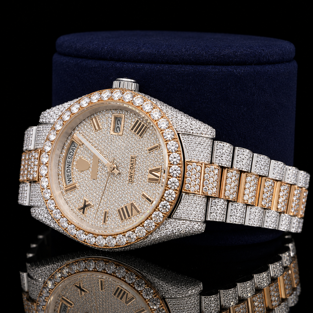 Superior Two-Tone Moissanite watch with Black Roman Numerals