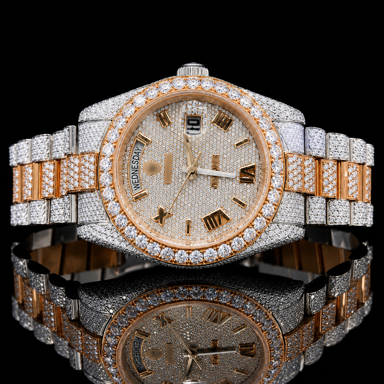 Superior Two-Tone Moissanite watch with Black Roman Numerals - Rose gold
