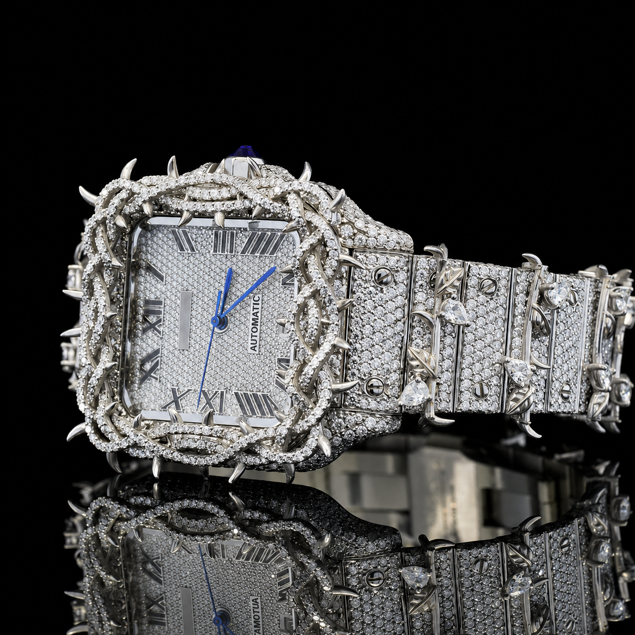 Superior VVS Moissanite Thorns Watch with Black Roman Numerals