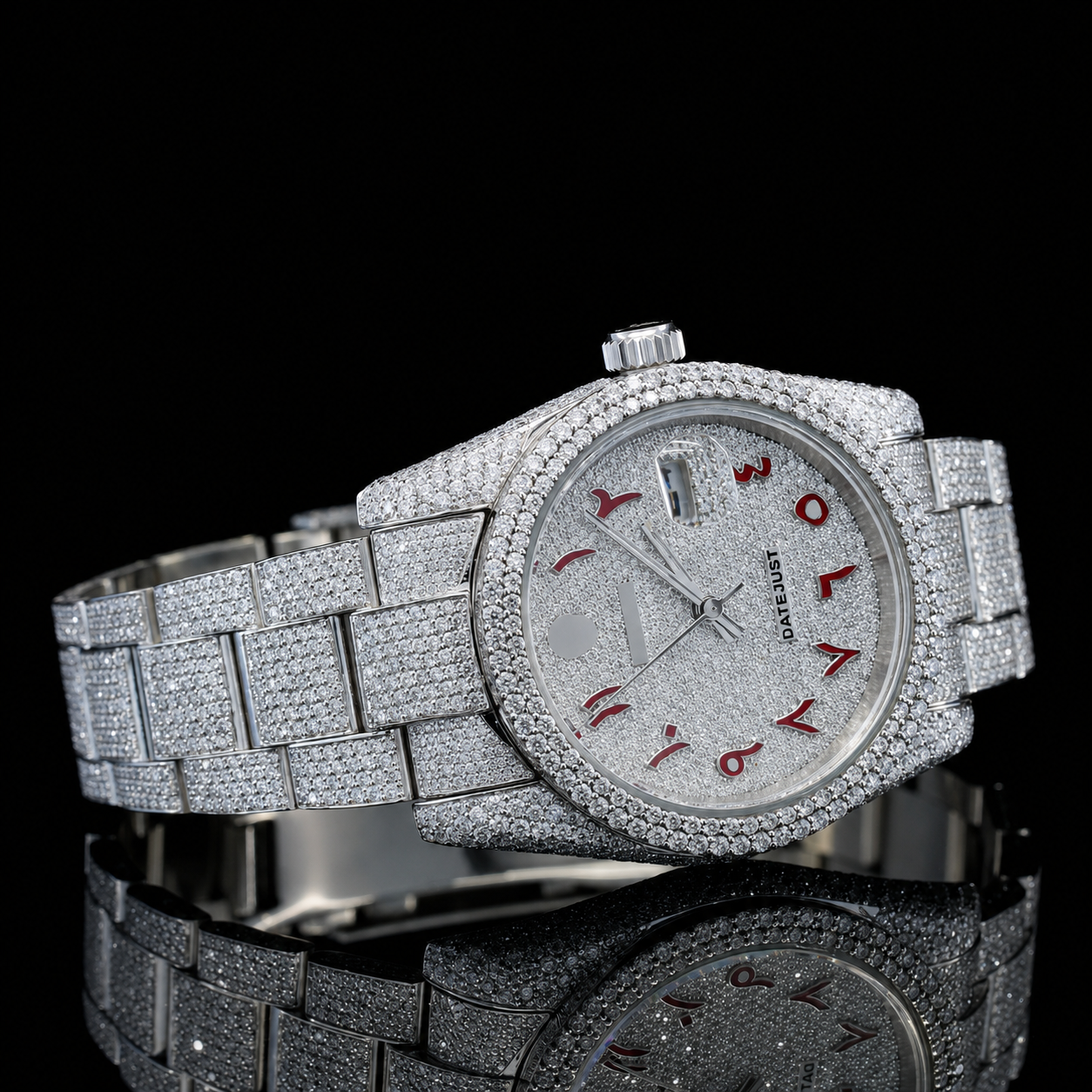 Superior bust down Moissanite watch with Red Arabic Numerals