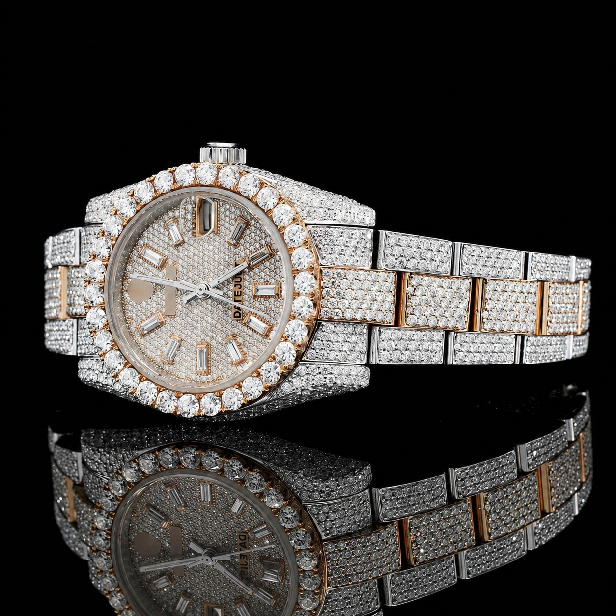 Two-tone Baguette Dial bust down Moissanite Watch for men (2)