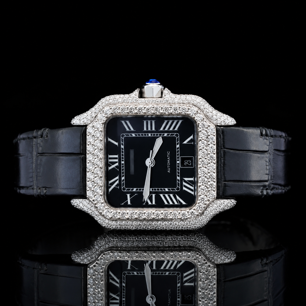 Two-tone black Bezel Moissanite watch with Black Leather Belt