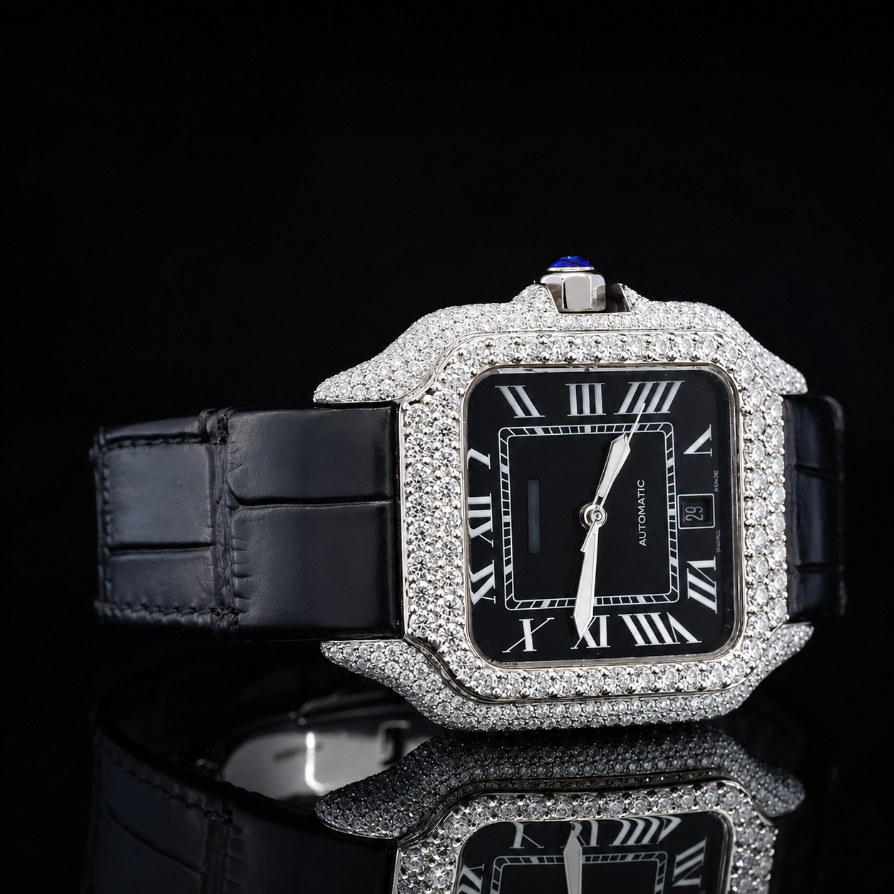 Two-tone Moissanite bezel watch with Black Leather Belt