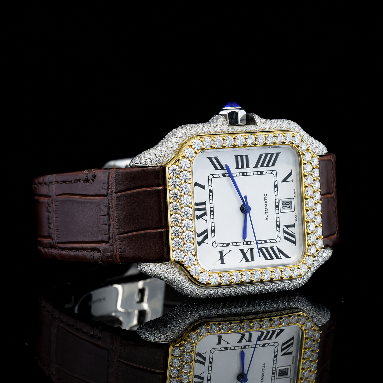 Two-tone Moissanite bezel watch with Brown Leather Belt