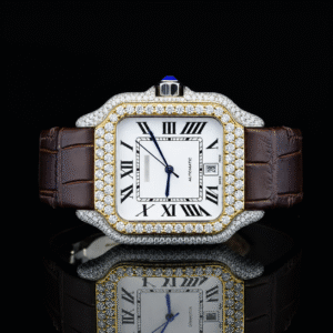 Two-tone Moissanite bezel watch with Brown Leather Belt - Yellow gold
