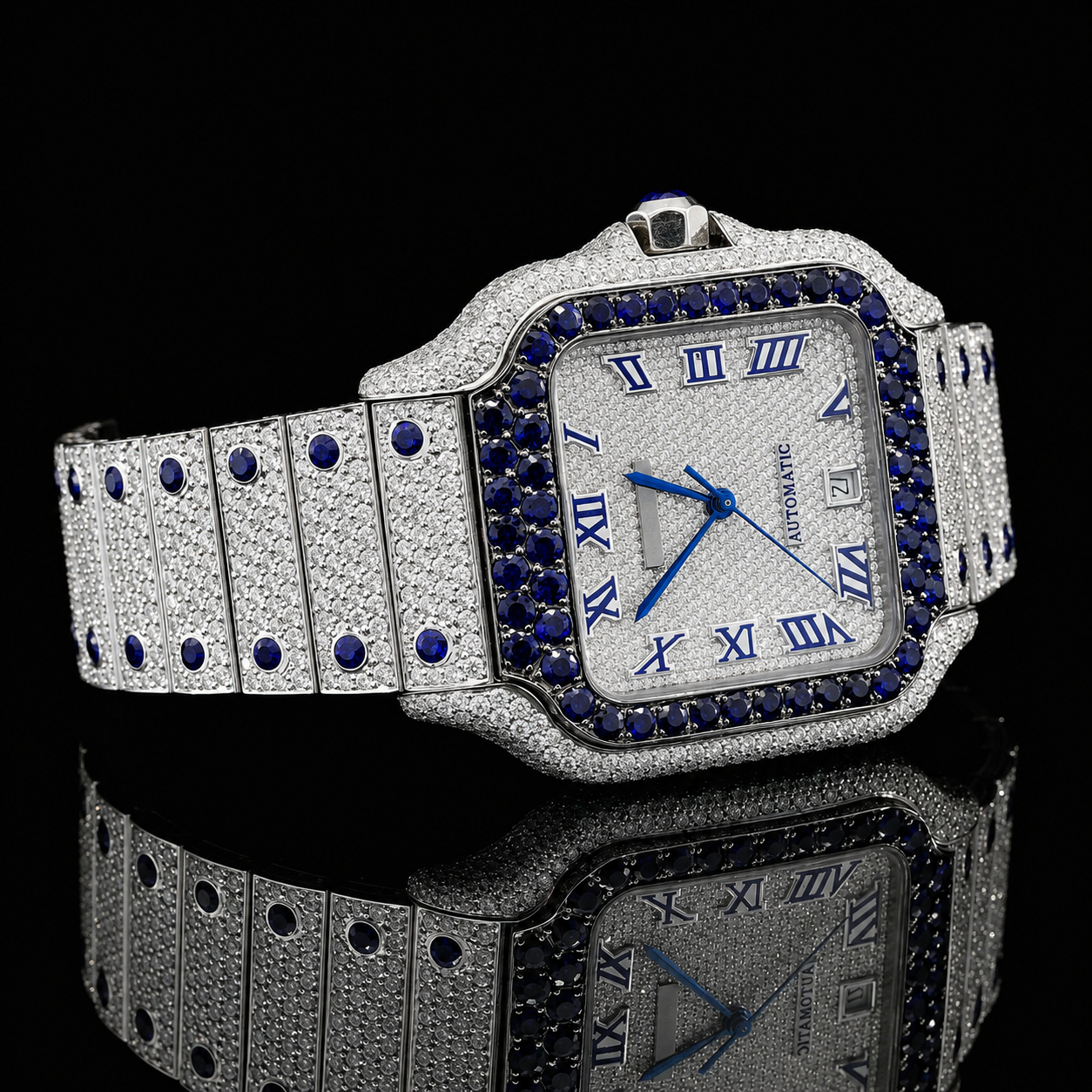 Unique Automatic Moissanite Watch with Blue and White Diamonds