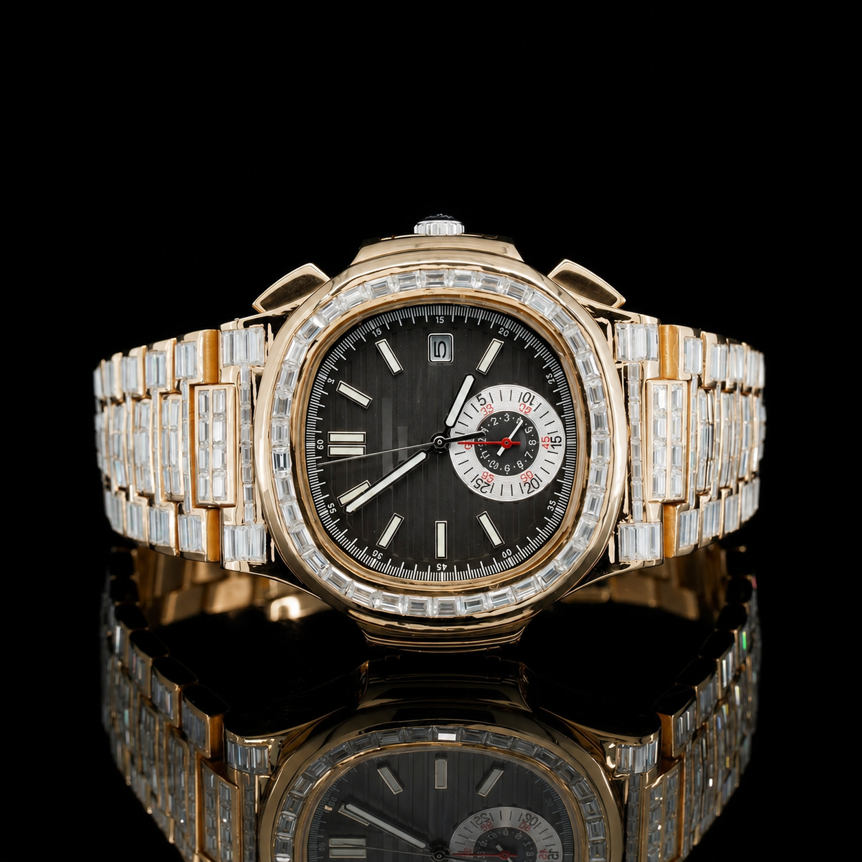 Unique Baguette Moissanite Watch With Automatic Chronograph - Rose Gold