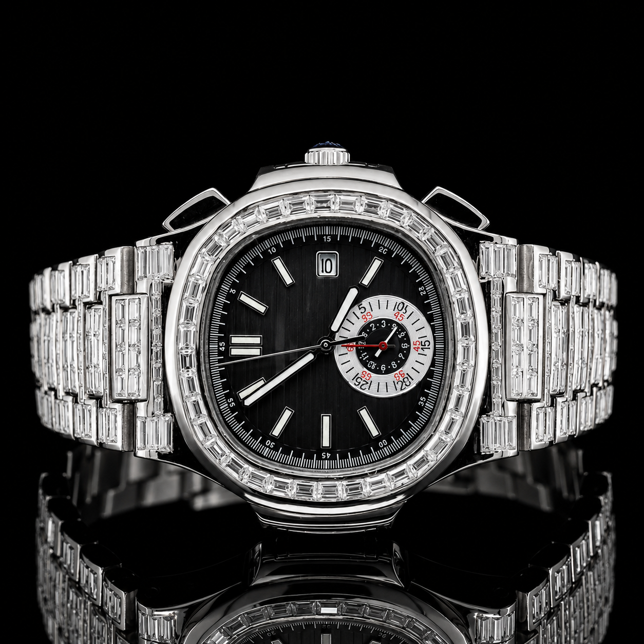 Unique Baguette Moissanite Watch With Automatic Chronograph -White Gold