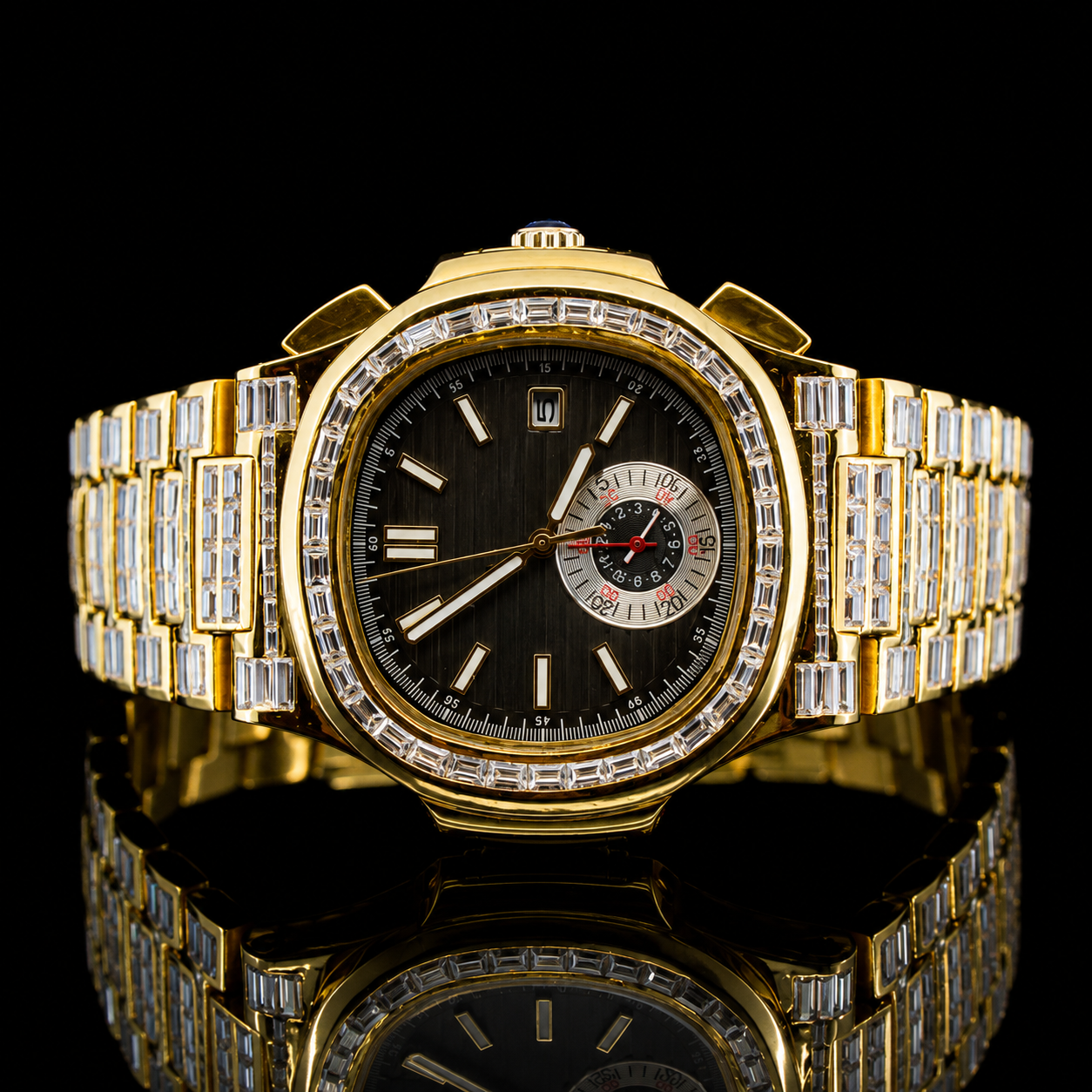 Unique Baguette Moissanite Watch With Automatic Chronograph - Yellow Gold