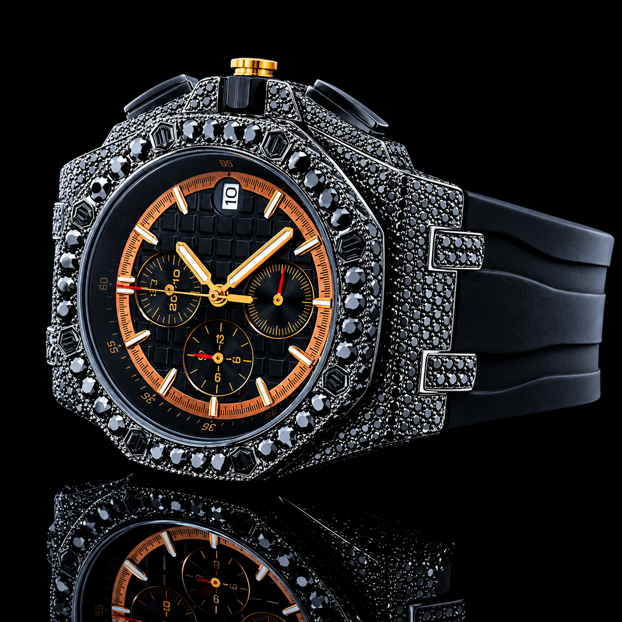 Unique Black Moissanite Dial Watch with Black Rubber Strap